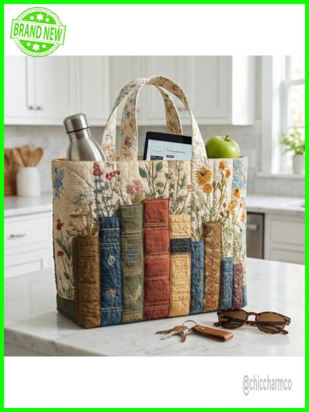 Quilted Tote Bag Lightweight Canvas Shoulder Bag for Shopping Travel Beach